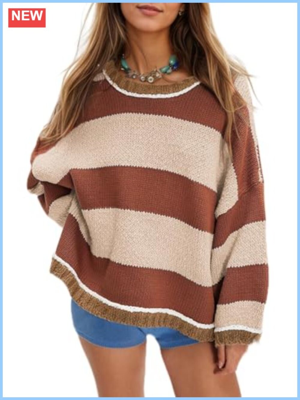 Oversized Striped Sweater Chunky Knit Crewneck Pullover